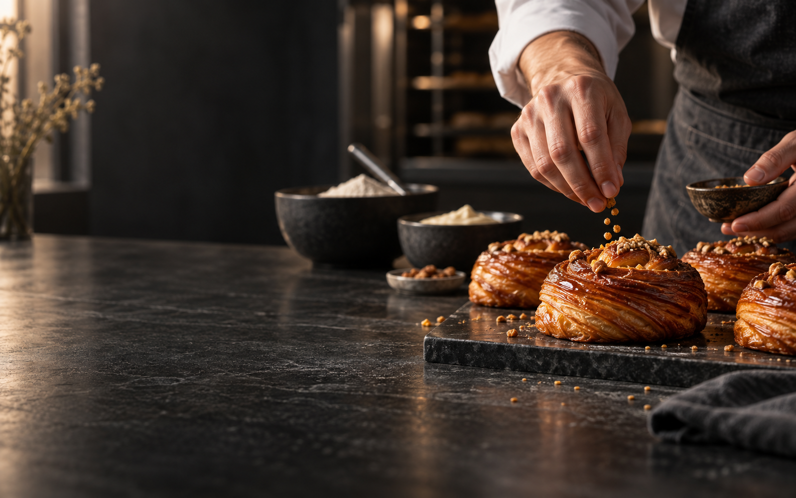 Chef finishing freshly baked pastries in a professional kitchen