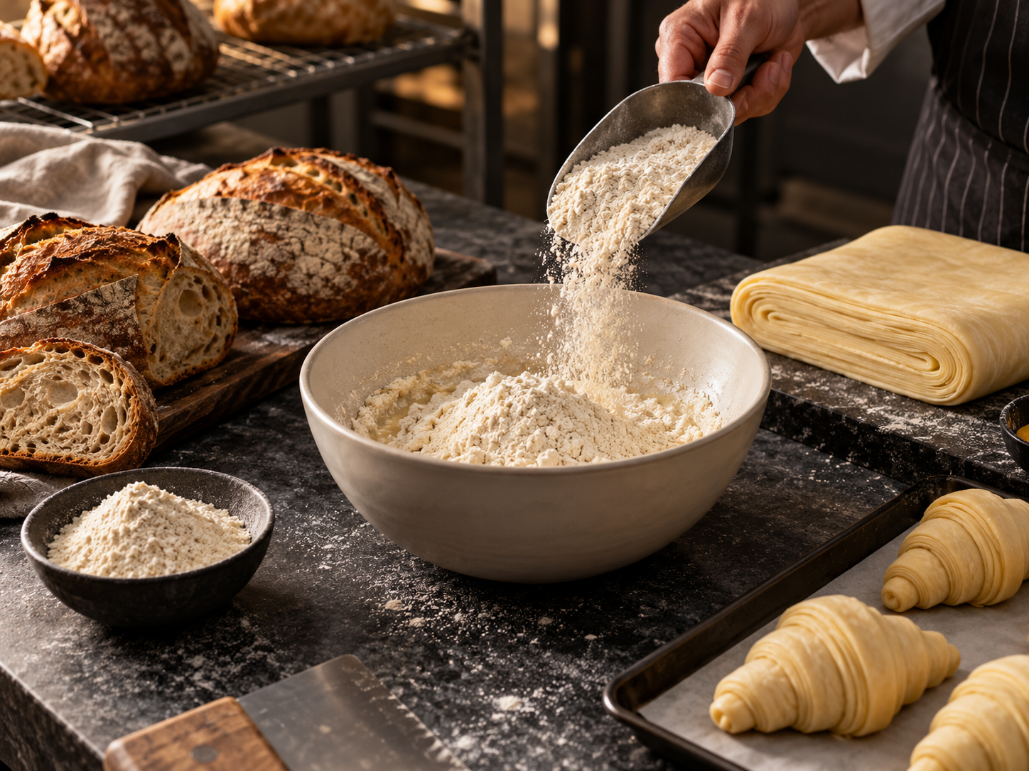 Chef measuring premix beside artisan breads and pastry dough