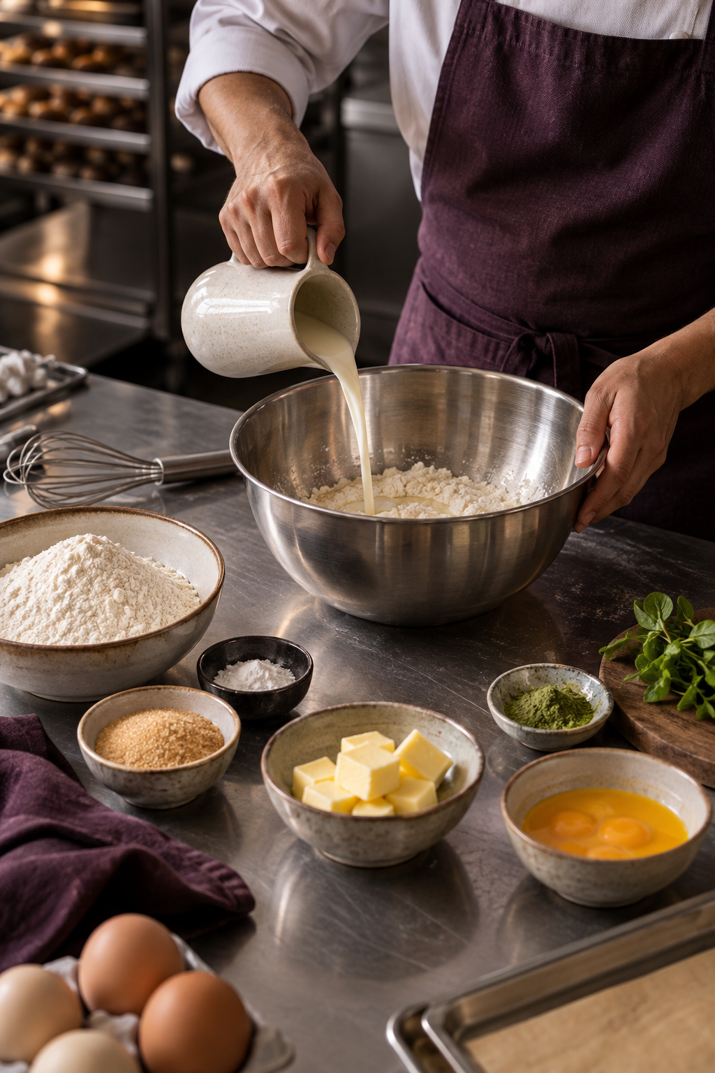 Chef adding liquid to precisely measured ingredients